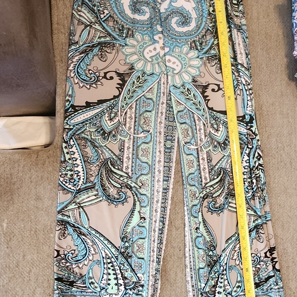 INC International Concepts Teal and Cream Paisley Wide Leg Pants